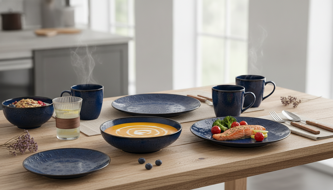 Blue 16-Piece Stoneware Dinner Set with Floral Embossing