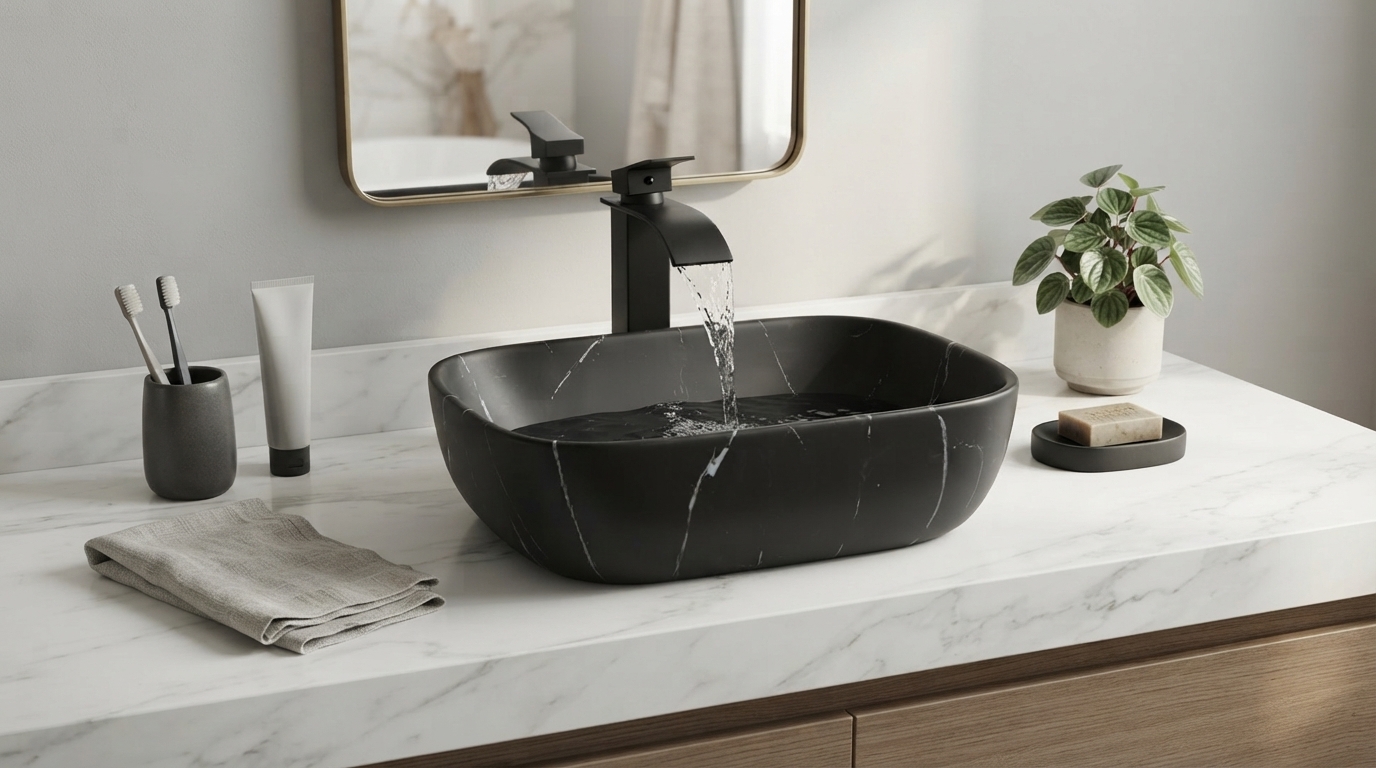 Modern Rectangular Vessel Sink Set with Black Waterfall